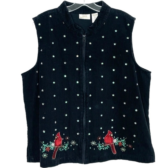 Vintage Embroidered Christmas Cardinal Holiday Vest Sequins Floral Women's XL - Picture 1 of 14